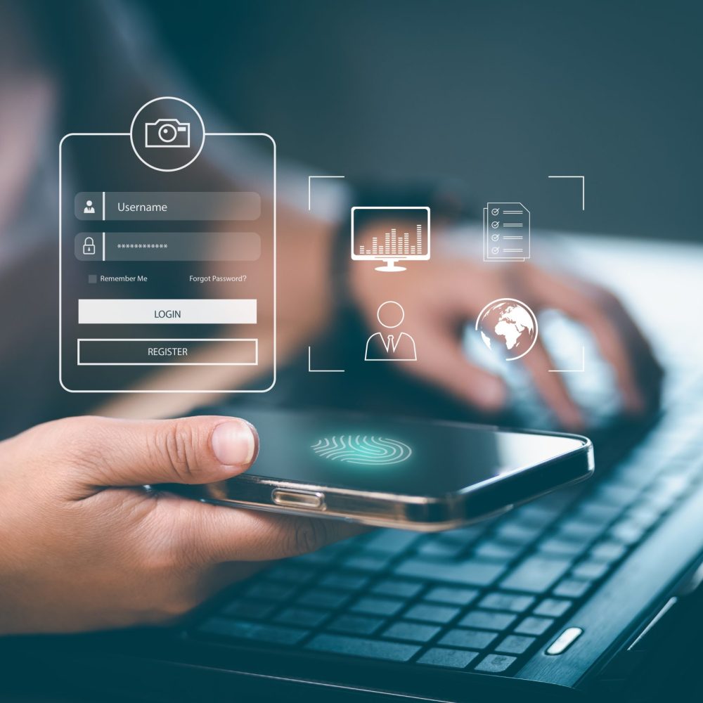 Woman hold Smartphone with virtual global with cyber security, Login, User, identification information security and encryption, secure access to users personal information, secure Internet access,